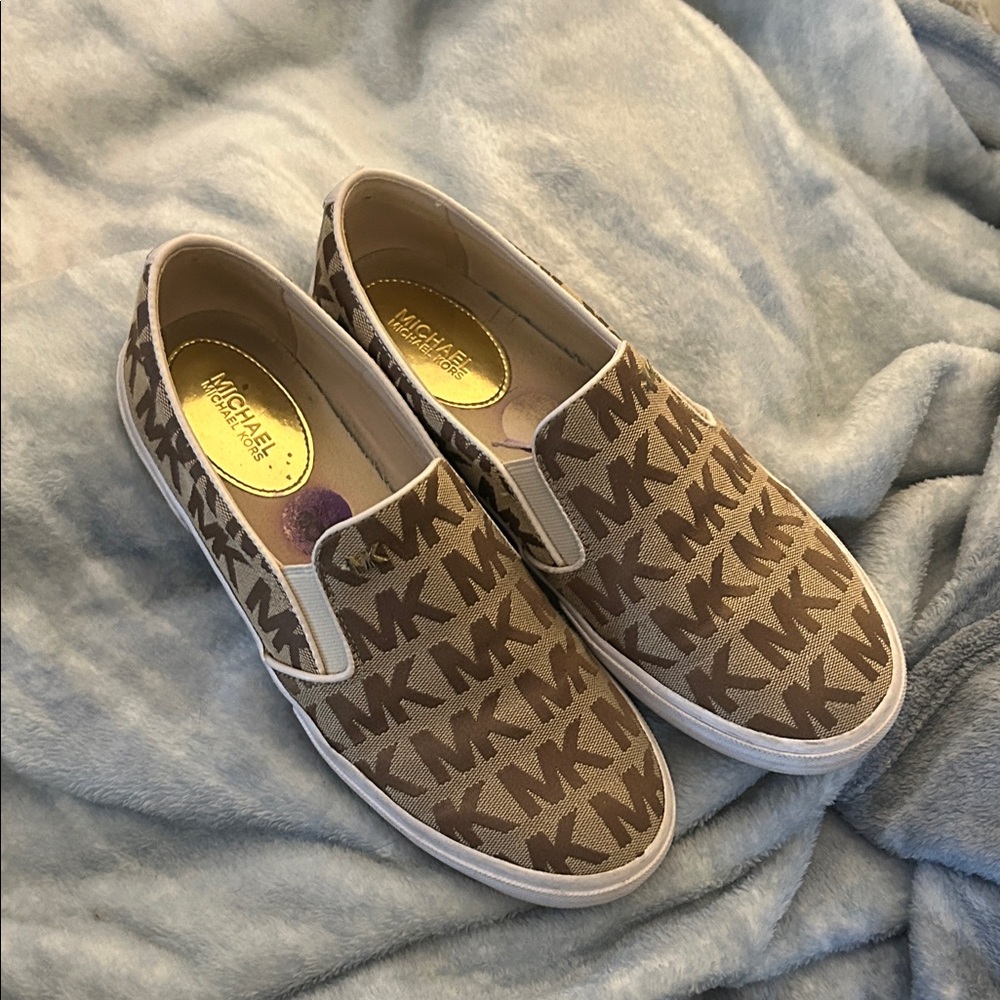 Michael Kors Tan and Brown Logo Slip-Ons